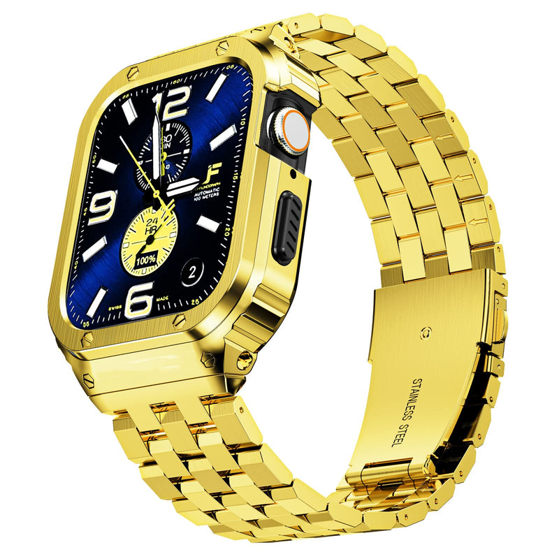 SUPLINK Rugged Case with Sport Band for 45mm Apple Watch Bands Silver and Stainless Steel Apple Watch Band for Men Gold