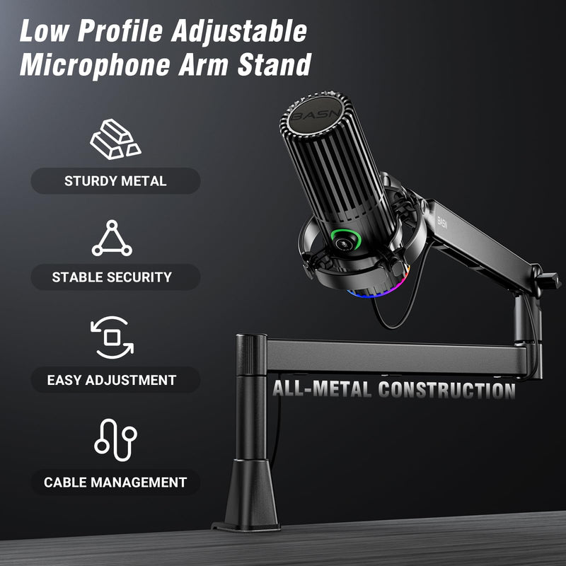 BASN Low Profile Mic Arm, Microphone Boom Arm Stand with Desk Clamp - Rotatable & Storable Design, Cable Management Channel, 3/8" to 5/8" Thread Adapter for Podcast, Gaming, Streaming, Vocal Recording