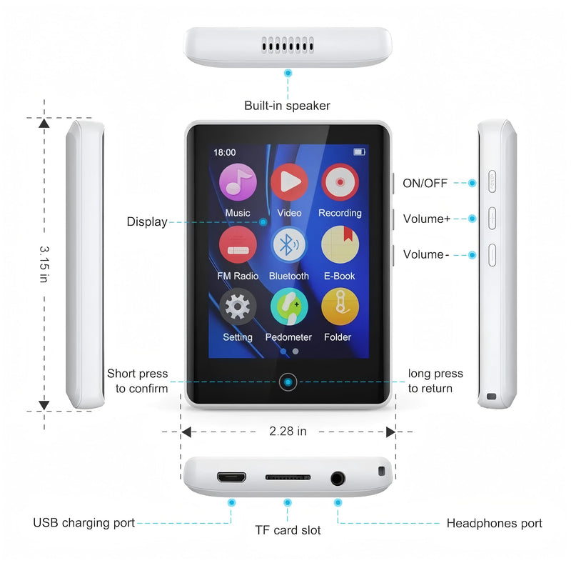 [AUSTRALIA] - MP3 Player 32GB with Bluetooth 5.0, Upgraded 2.8" Full Touchscreen Mp4 Mp3 Player with Speaker, Portable HiFi Lossless Sound Music Player for Walking Running, Supports up to 128GB TF Card (White) white 