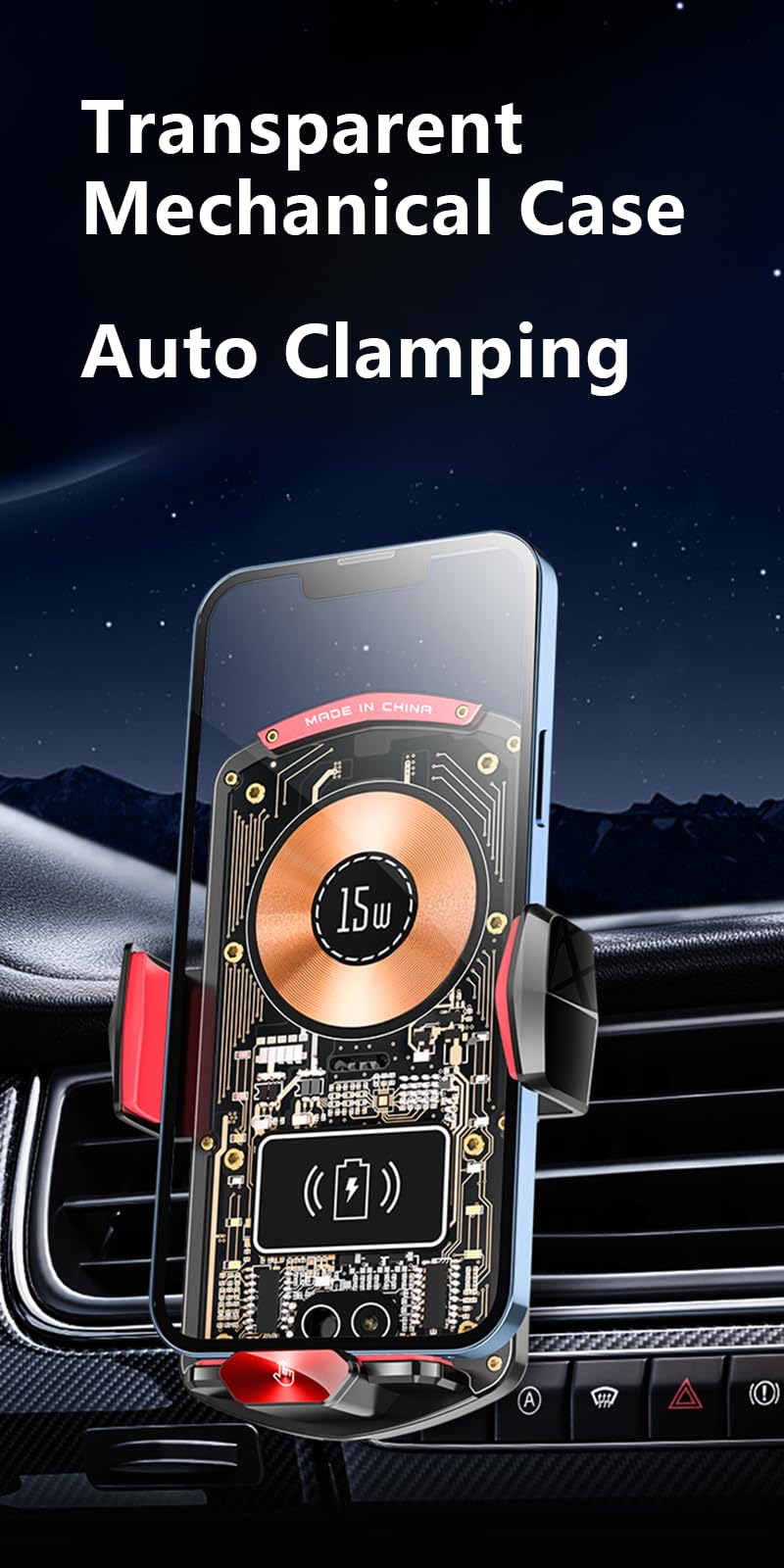 Wireless Car Charger, 15W Fast Auto-Clamping Vent Phone Holder | Transparent Design · 360° Rotation · Compatible with iPhone & Samsung