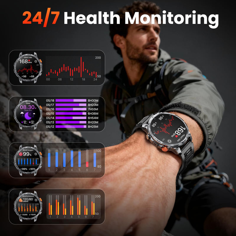 Military Smart Watches for Men,1.75″ Smartwatch with 100-Day Ultra-Long Battery/Flashlight,Fitness Watch for Heart Rate/Sleep/Calling/110+ Sports Mode Smart Watch for Android iOS 1000 mAh Black