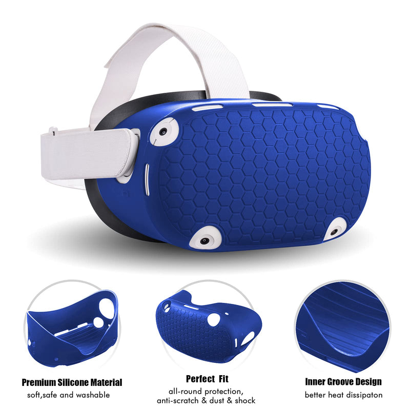 Compatible with Oculus Quest 2 Accessories, VR Silicone face Cover, VR Shell Cover,Compatible with Quest 2 Touch Controller Grip Cover,Protective Lens Cover,Disposable Eye Cover Blue