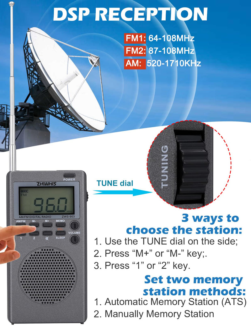 ZHIWHIS Portable Radio, AM FM Stereo Receiver, DSP Small Pocket Radios Operated by AA Batteries, Digital Clock/Presets/Start Timer/Sleep Timer for Walking/Running ZWS-903