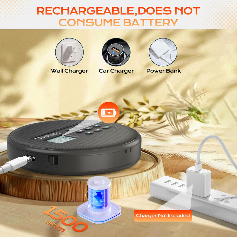 Portable CD Player with Speakers:Rechargeable Walkman CD Player for Car with Anti-Skip Protection,Discman CD Player with Headphones,Plays Recorded MP3/Audiobook/CD/USB with Memory,Backlit.