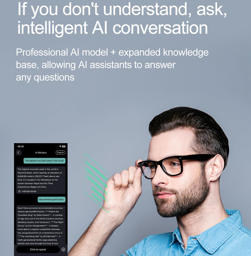 AI Translation Glasses,Smart Glasses for Men & Women with ChatGPT,164-Language & AI Real-time Translation , 7 Day Ultra-Long Standby,UV400 Blue-Light Blocker,Waterproof,Voice-Assistant AI Glasses