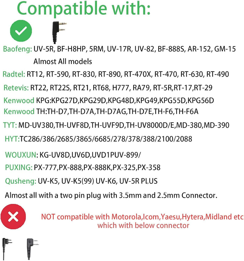 radtel Bluetooth Headset for Walkie Talkie, Noise Cancelling Mic Earpiece Compatible with BaoFeng, Kenwood, Btech Radios UV-32,UC-5R, AR-5RM, BF-F8HP PRO & More (2 Pack)