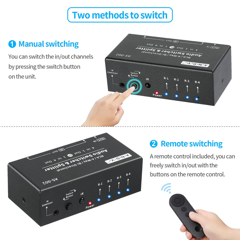 [AUSTRALIA] - RCA 4-Way Bi-Directional Audio Switcher Splitter, 1 in 4 Out / 4 in 1 Out Stereo L/R Sound Channel Audio Switch Selector Splitter Box with Remote Control for Speakers Headphones Amps (Black) 