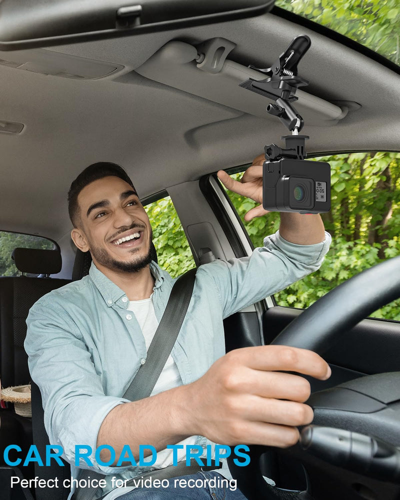 Car Sun Visor Camera Mount Holder for GoPro - [Metal Super Clamp] 360° Ballhead Magic Arm Accessories with 1/4"-20 Thread, for GoPro Hero13 Black 12 11 10 9 8 7, Insta360 X3 X4 Go3 Ace Pro DJI Action