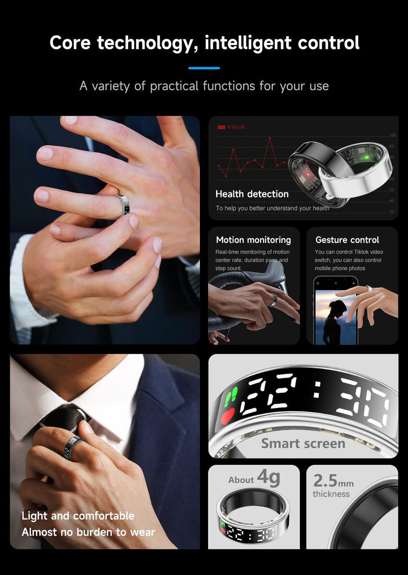 Fitness Tracker Ring, Smart Ring with Display & Charging Case, Accurate Monitoring of Pedometer, Heart & Temperature, IP68 Waterproof, 5-Day Battery Life, Black #12