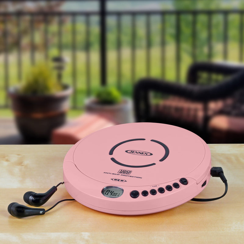 Jensen Portable CD-120 Portable Personal CD Player Compact 120 SEC Anti-Skip CD Player – Lightweight & Shockproof Music Disc Player & FM Radio Pro Sport-Earbuds for Kids & Adults (Pink) Pink