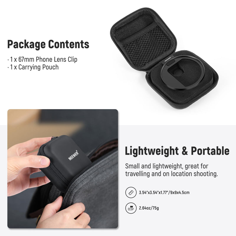 NEEWER Upgraded 67mm Phone Filter Mount Threaded Lens Filter Clip with Cold Shoe Mount, Locking Knob, 13mm Opening Compatible with iPhone 15 Pro Max 15 Plus 14 13 Samsung Galaxy S22 S23 Ultra, LA006