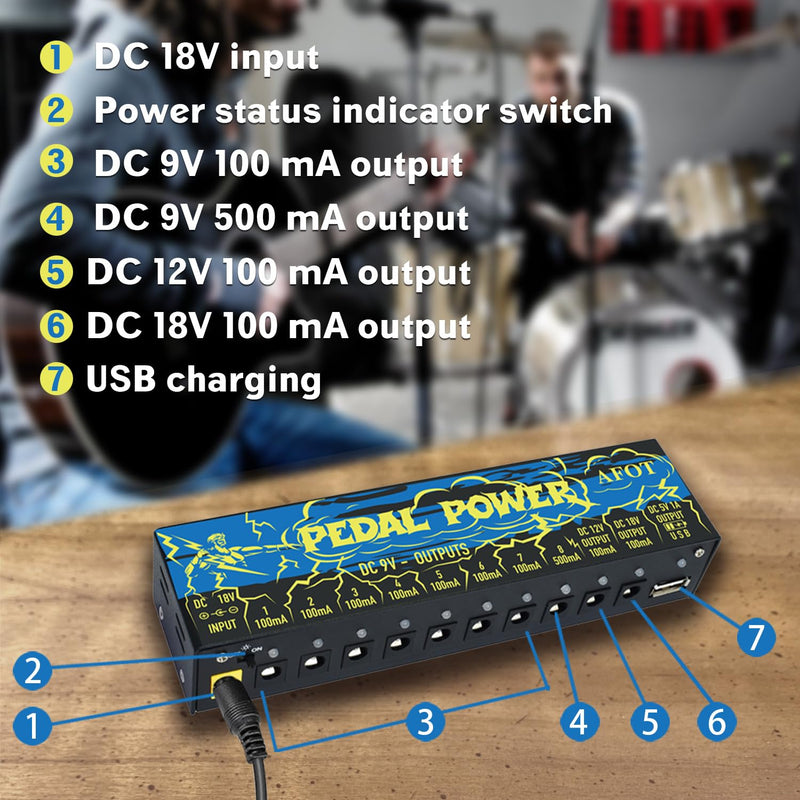 Guitar Power Supply 10 Isolated DC Output for 9V/12V/18V Effect Pedal,Guitar Power Supply for Effect Pedal with Separate Short-Circuit Protection Black