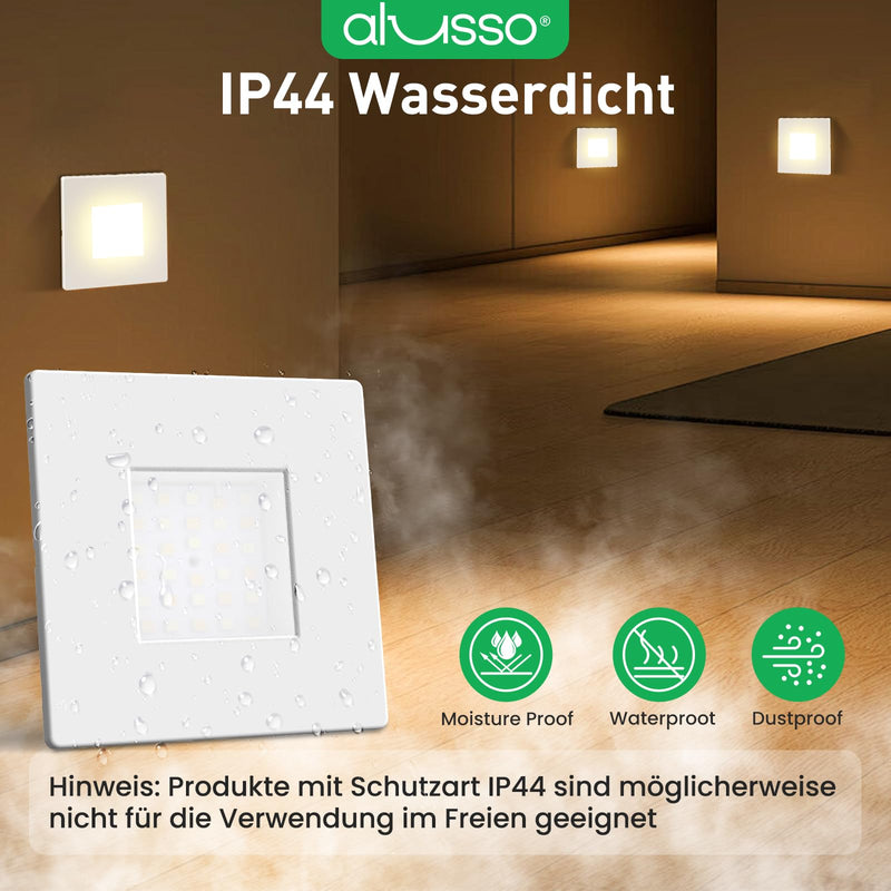ALUSSO Set of 6 LED Stair Lighting 230 V Dimmable 3CCT Warm White Neutral White Cool White Stair Light 3 W 0.5 W 1.5 W 2.5 W IP44 Stair Lighting Stair Light Recessed Wall Light, Square White