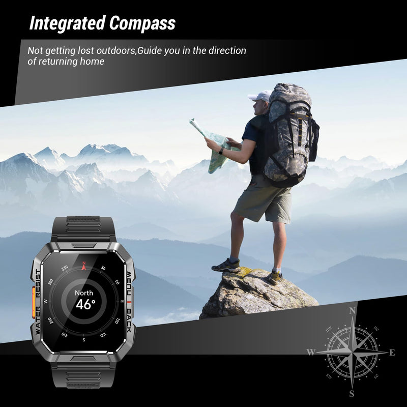 Military Smart Watch for Men (Answer/Make Calls), 2.01'' Smart Watch for Android and iPhone, Fitness Tracker with Flashlight/Compass/100 Days Battery/Heart Rate/Sleep/100+ Sport Modes(2 Straps) W60 Black