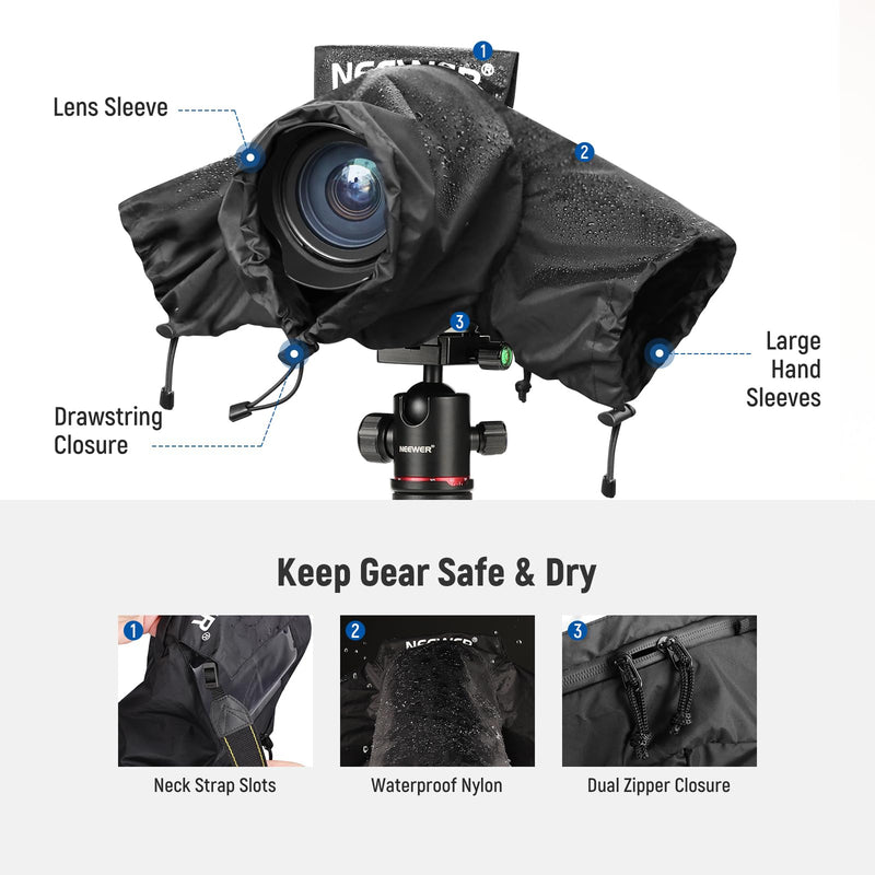 NEEWER Camera Rain Cover, Mini Size Durable Nylon Raincoat Compatible with Canon Sony Nikon DSLR Mirrorless Vlog Camera & Lenses 24-70mm/16-35mm, with Sleeves, Drawstrings, Viewing Window,PB008