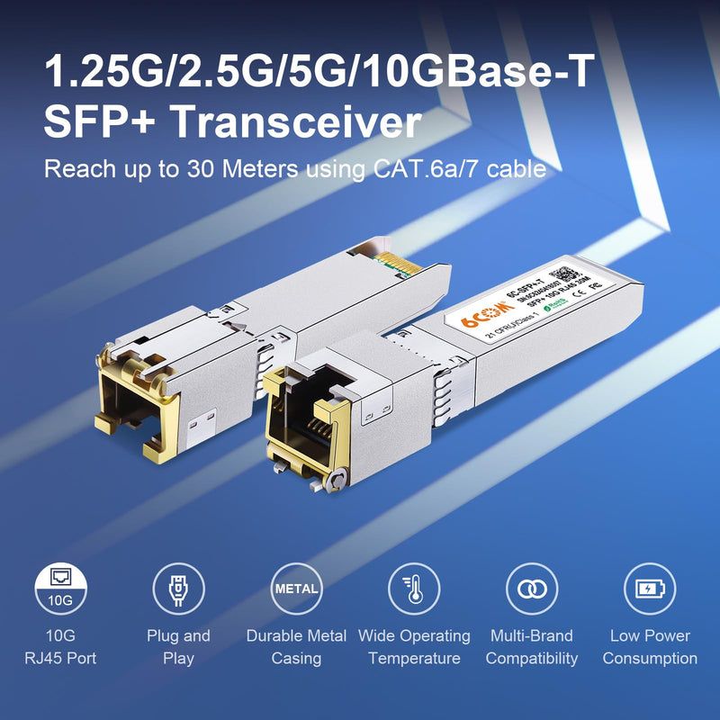 1.25G/2.5G/5G/10GBase-T SFP+ Transceiver, 10G SFP+ to RJ45 Copper Module | Comapatible for Cisco SFP-10G-T-S, Ubiquiti uacc-cm-rj45-mg, D-Link, Supermicro, MikroTik S+RJ10, CAT.6a/7, up to 30 Meters 1.25/2.5/5/10GBase-T: 30m