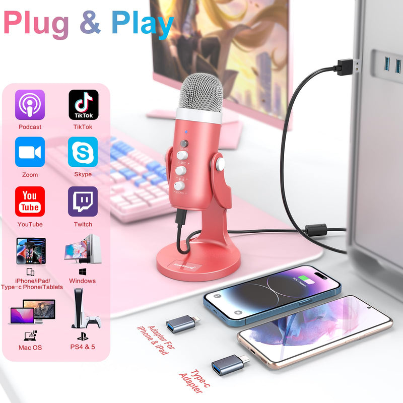 ZealSound USB Microphone,Condenser Computer Mic,Plug&Play Gaming Microphones for PS 4&5.Headphone Output&Volume Control,Mic Gain Control,Mute Button,YouTube Podcast on Mac&Windows Pearlescent Pink