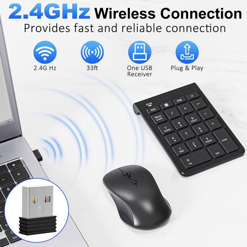 Wireless Number Pad and Mouse, 22 Keys USB Keypad and 3 Adjustable DPI Silent Mouse Set, 2.4GHz Numeric Pad for Laptop, Notebook, PC Computer, Desktop, Mac - One USB Receiver