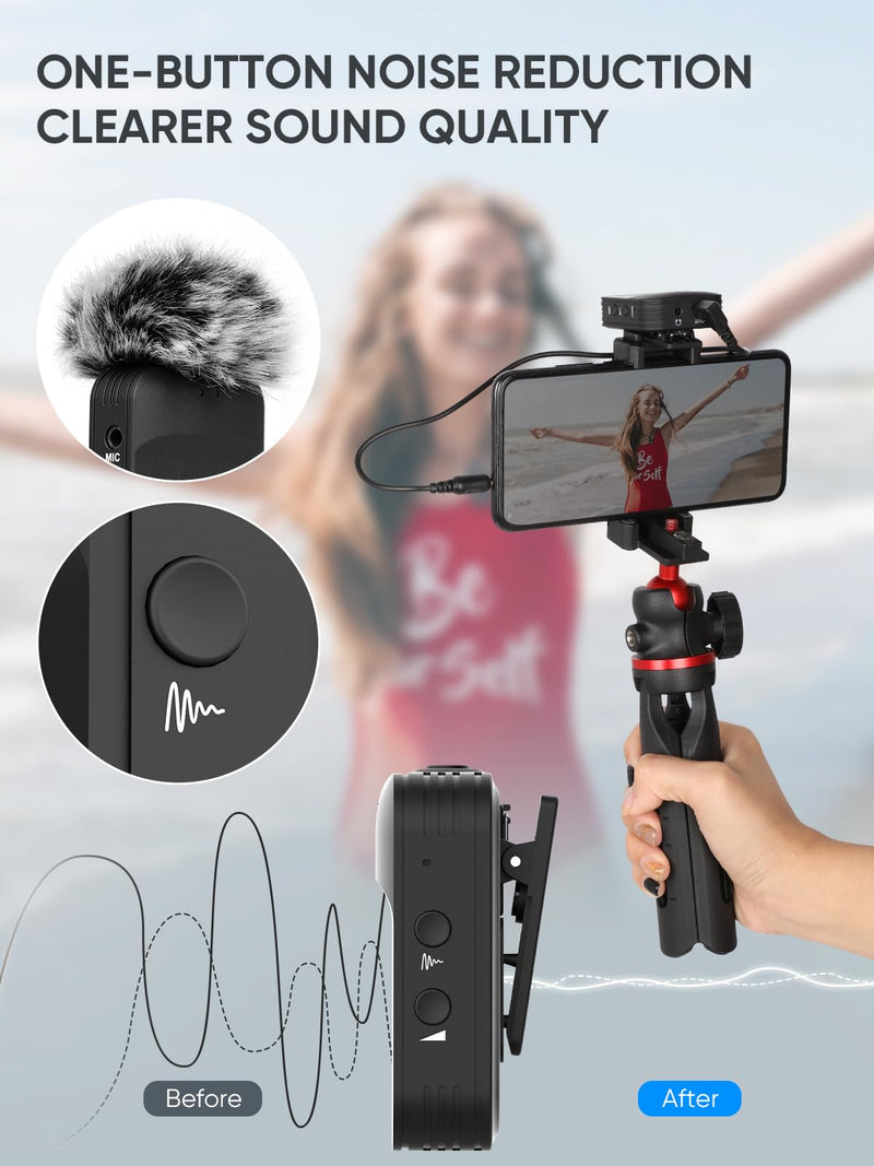 Moman C1X Wireless Lavalier Microphone, 2.4GHz Dual Channel Lapel Mic System with Noise Cancellation 230FT Range for Online Class Vlog Live Stream YouTube DSLR Camera Smartphone Tablet C1X Dual