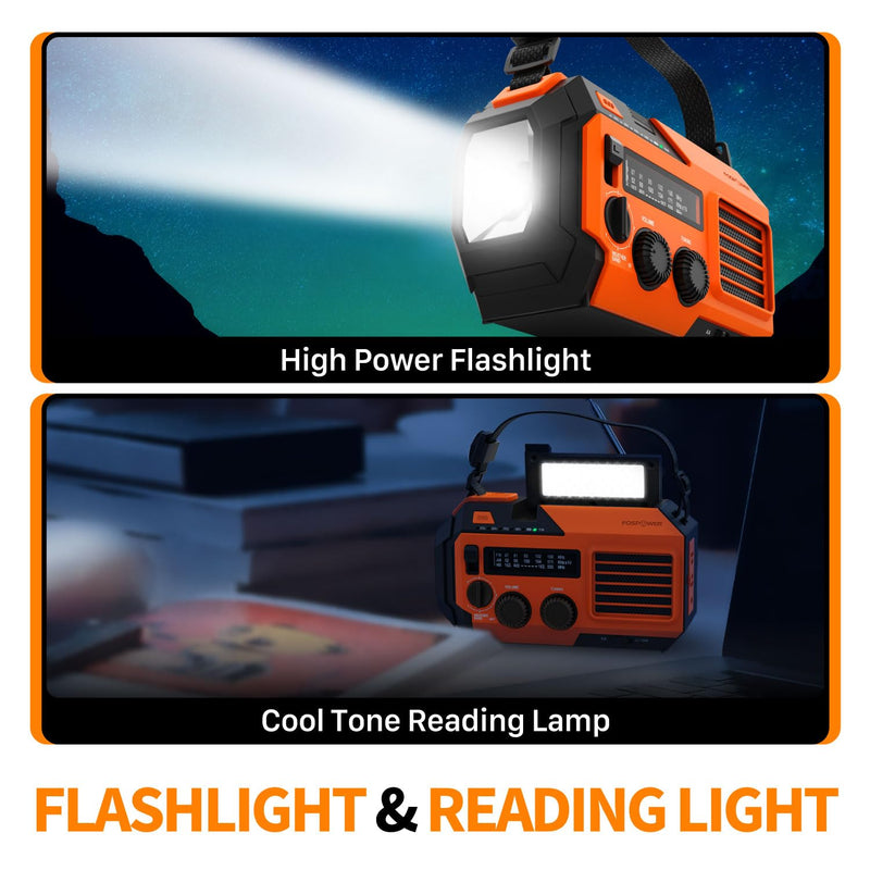 FosPower Emergency Weather Radio (Model A6) NOAA/AM/FM with 19240mWh Portable Power Bank, USB/Solar/Hand Crank Charging, Battery Operated, SOS Alarm & Flashlight for Indoor/Outdoor Emergency - Orange