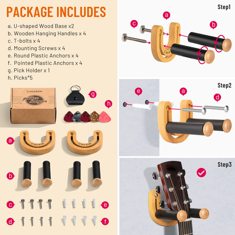 CAHAYA Guitar Wall Mount Hanger: Adjustable U-Shaped Hook with 5 Picks and 1 Pick Bag for Acoustic, Electric Guitars, Bass, Banjo, Ukulele, Mandolin Stylish