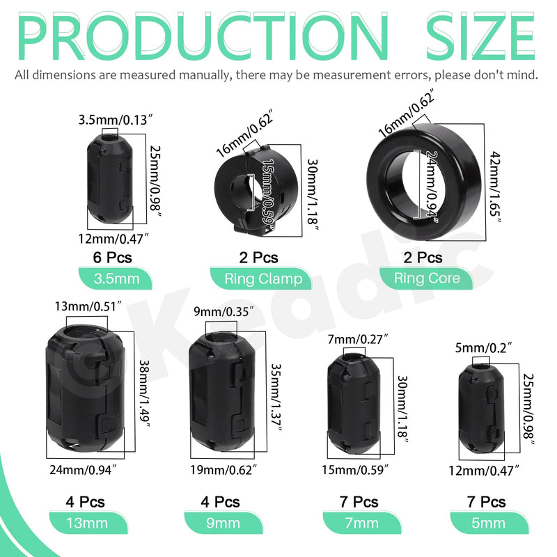 Keadic 32Pcs Clip-on Ferrite Ring Core RFI EMI Noise Suppressor Cable Clip Set, Anti-Interference Cable Clip for 3.5/5/7/9/13/15/16mm Inner Diameter Telephones Tvs Speakers Radio Audio