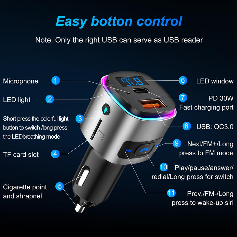 [AUSTRALIA] - (Upgraded Version) FM Transmitter Bluetooth, SONRU Bluetooth Car Adapter [PD 30W & QC3.0 18W], Wireless FM Radio Transmitter, Hands-Free Calling, Siri Google Assistant, TF Card 