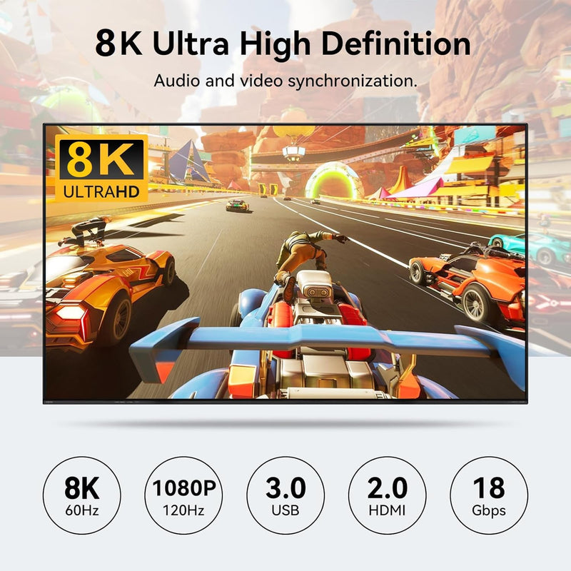 8K KVM Switch 1 Monitor 4 Computers 8K@60Hz 4K@120Hz, HDMI KVM Switch with 3 USB 3.0 Ports for 4 Computers Share 1 Monitor Keyboard Mouse Printer, with 2 USB Cables and Controller black USB+HDMI