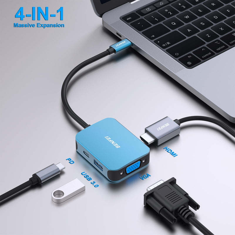 [AUSTRALIA] - BENFEI USB C HUB 4in1, USB Type-C to HDMI VGA Adapter, USB C to USB Adapter, USB Type-C Power Delivery, Compatible with iPhone 15 Pro/Max, MacBook Pro/Air 2023, iPad Pro, iMac, S23, XPS 17 1 Blue 