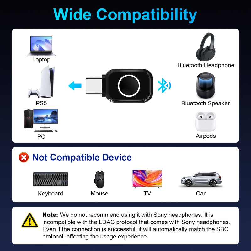 ZIOCOM USB-C Bluetooth Adapter for PS5, Bluetooth 5.3 Dongle with APTX Low Latency & aptX-Adaptive, Wireless Audio Transmitter for Headphones & Earbuds, Not for Keyboard/Mouse/TV(Black) Black