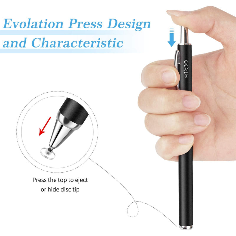 Mixoo Retractable Stylus for Touch Screens - High Sensitivity Universal Stylus Touch Screen Pen with 3 Replaceable Disc Tips for iPad iPhone and All Other Capacitive Tablets & Cell Phones (Black) Black