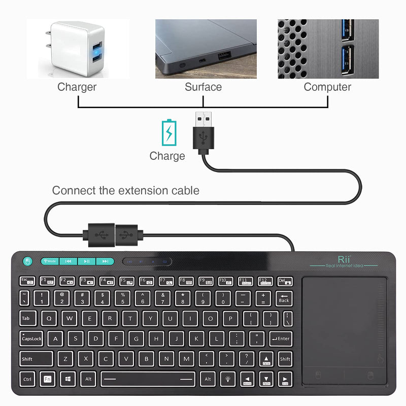 (Dual Mode) Rii RT518S Wireless and Bluetooth 2-LED Color Backlit Multimedia Keyboard with Multi-Touch Big Size Trackpad,Rechargable Keyboard for Android TV Box,PC,Tablets,Smart TV, HTPC, IPTV,Windows 2.4GHz+Bluetooth