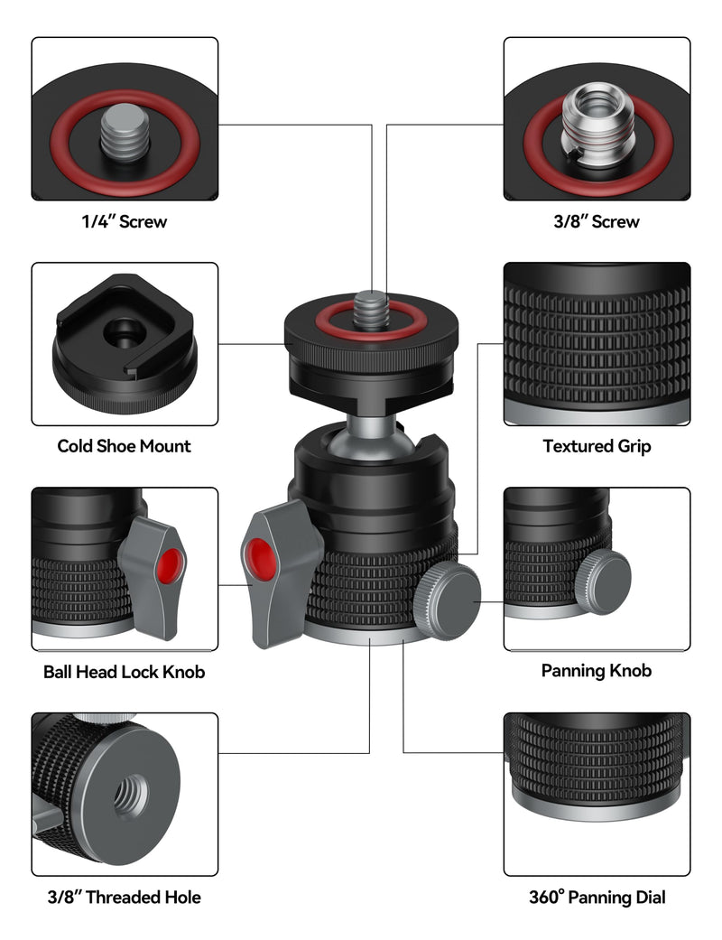 IFOOTAGE T31D Mini Ball Head, Camera Tripod Head with Cold Shoe Mount | 360° Swivel & 90° Tilt Aluminum Ball Head, 1/4" & 3/8" Screw Adapter for DSLR Camera, Mirrorless Camera, Phone, Video Light