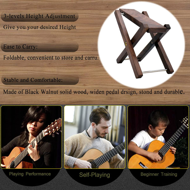 Wood Guitar Footstool, 3-Position Height Adjustable Guitar Foot Rest/Solid Wood Folding Footstool,Pedal Black Walnut (Guitar Pedal Black Walnut) Guitar Pedal Black Walnut