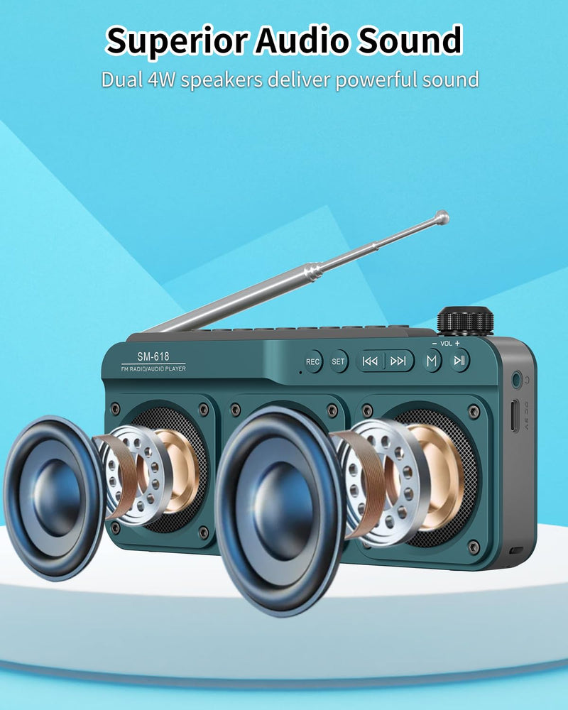 [AUSTRALIA] - SEMIER Small Digital FM Radio Bluetooth Speaker, Handheld Rechargeable Radio Wireless Speaker, LCD Display, Double Speakers, Headphone Jack, Support USB/Micro SD Card MP3 Play for Home Outdoor (No AM) Blue 