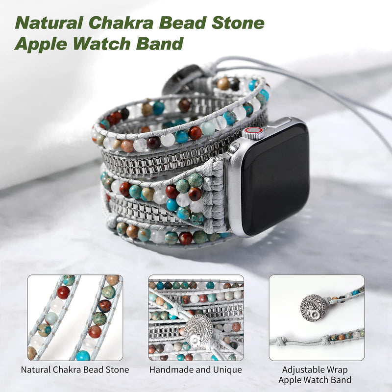 Boho 5 Wraps Bracelet Compatible with Beaded Apple Watch Band for Women Men 38mm/40mm/41mm, 7 Chakra Apple Watch Strap for Iwatch Band Series 8/7/6/5/4/3/2/1/SE Ultra