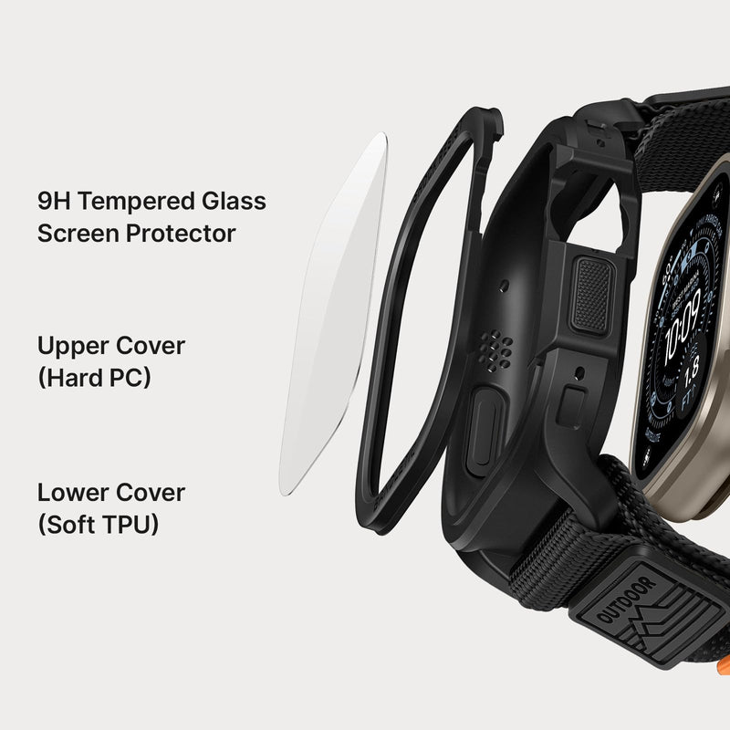 Bandletic Rugged Compatible with Apple Watch Ultra 3/2 Band 49mm with Case | Military Grade Nylon Bands Shockproof Tactical TPU Bumper Protective Men Women,Includes Screen Protector Kit (Black L,49mm) Black Large-49mm (Ultra 3/2/1)