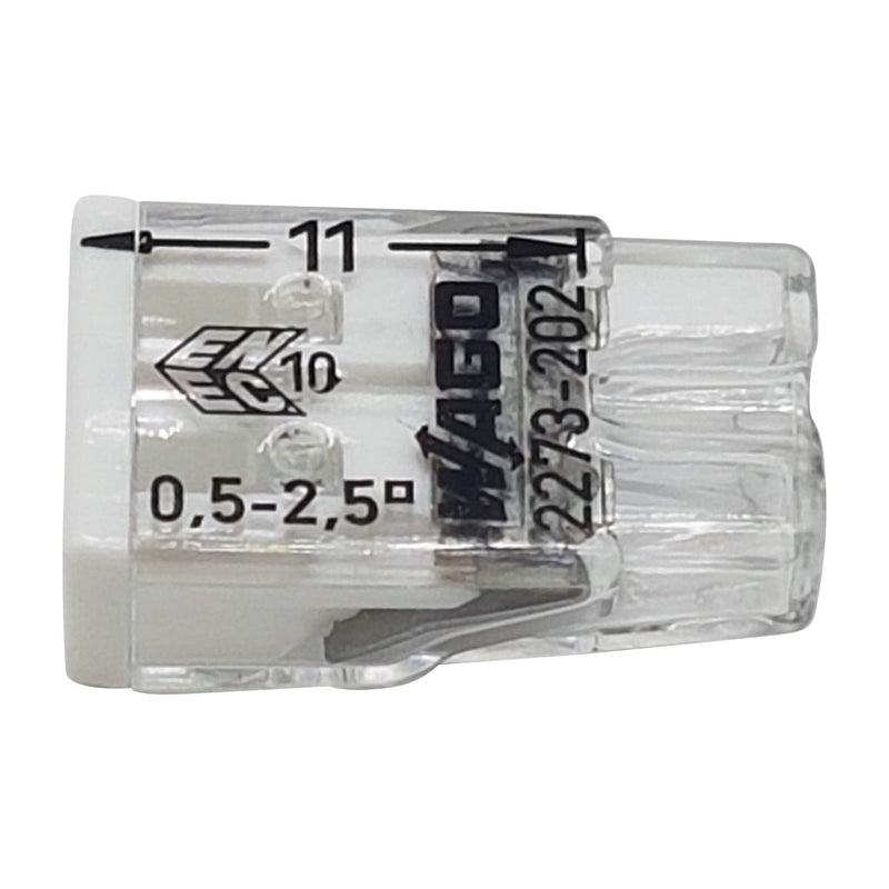 Wago 2273-202 Compact Connection Box Terminals, Diameter 0.5–2.5 mm, Pack of 30, 2-Pole, Transparent/White
