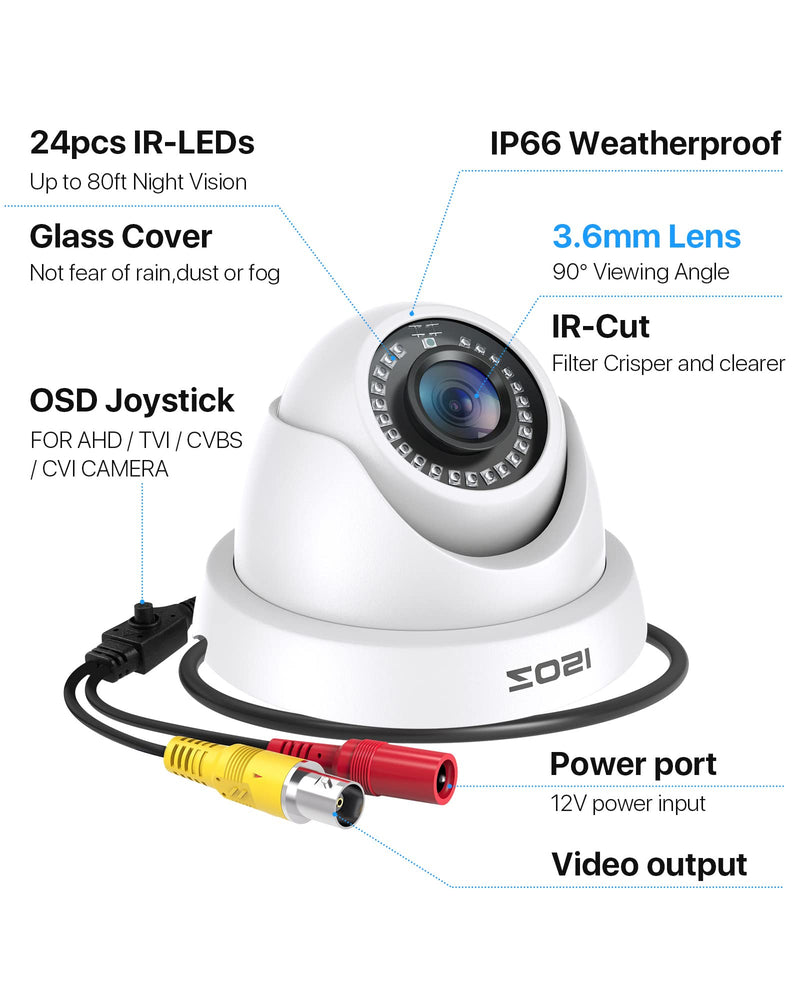 ZOSI 2MP 1920TVL Hybrid 4 in 1 TVI CVI AHD CVBS Security Camera,1080P HD Weatherproof Outdoor Indoor Surveillance Cam,Night Vision,For 960H,720P,1080P,5MP,4K analog DVR - White Wired-1Cam