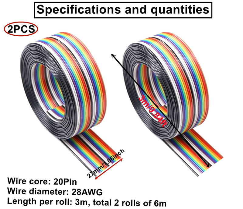 HUAZIZ 2 Rolls of Colourful Ribbon Cable, 1.27 mm Spacing Cable, 20 Pin Flat Rainbow Ribbon Cable for 2.54 mm Connectors, IDC Cable Rainbow (3 Metres/Rolls)
