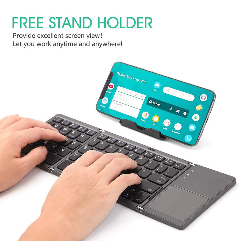 Foldable Bluetooth Keyboard with Touchpad - Samsers Portable Wireless Keyboard with Stand Holder, Rechargeable Full Size Ultra Slim Pocket Folding Keyboard for Android Windows IOS Tablet & Laptop-Gray Grey (BTx1)