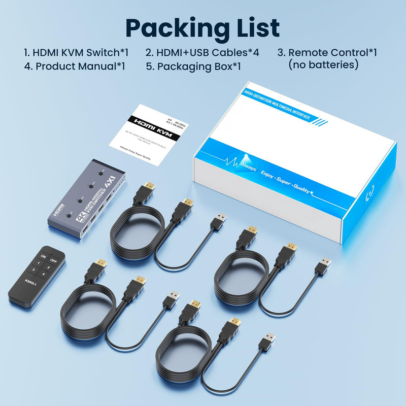 4 Port HDMI KVM Switch for 4 Computers 1 Monitor 4K @ 60 Hz (Includes 4 KVM Cables), USB Peripheral Selector with Remote Control for PC Laptop Keyboard Mouse Printer Gray