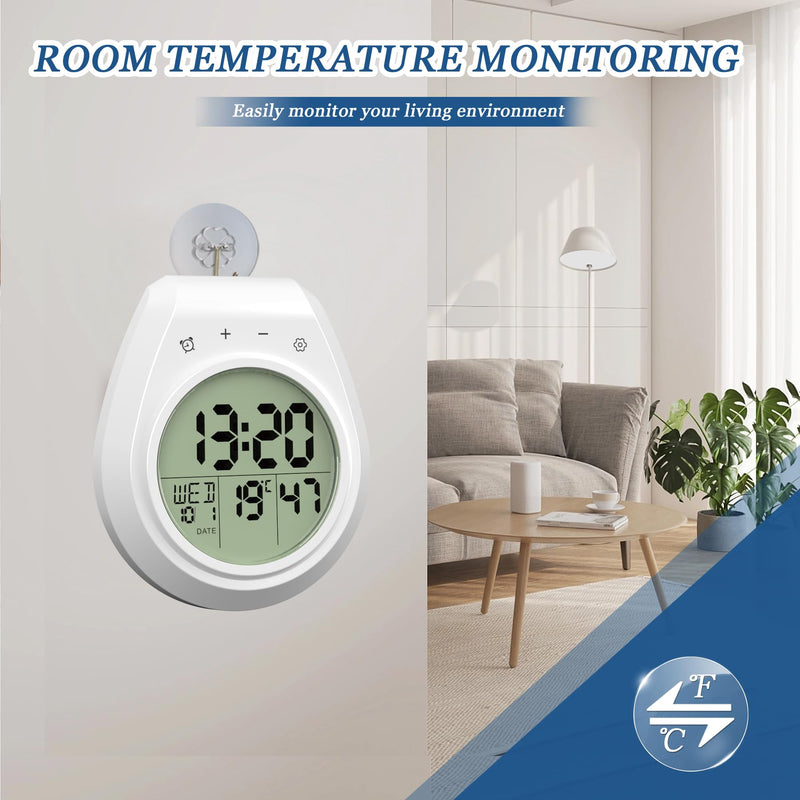 Shower Clock Waterproof Bathroom Timer, Digital Wall Clock Kitchen Clock with Countdown, Touch Screen, Temperature, Calendar, Suction Cup Hanging Hole, for Spa Cook Bath