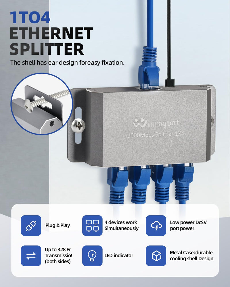 Gigabit Ethernet Splitter 4 Port & 2 Port with Wall Mount Ears for Home Office PS5 Router Smart TV Plug & Play 1000Mbps Powered Network Switch 1 to 4 Ethernet Hub 1 to 2