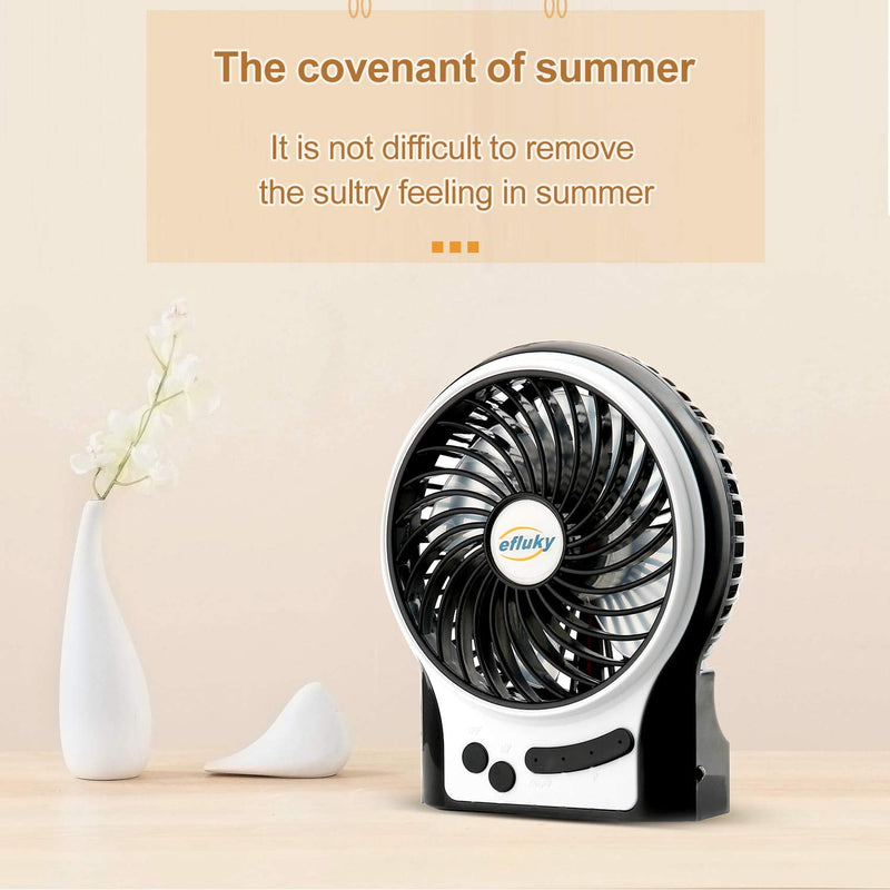 efluky 3 Speeds Mini Desk Fan, Rechargeable Battery Operated Fan with LED Light and 2200mAh Battery, Portable USB Fan Quiet for Home, Office, Travel, Camping, Outdoor, Indoor Fan, 4.9-Inch, Black