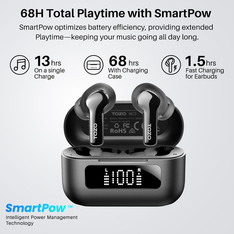 TOZO Hybrid Active Noise Cancelling in Ear Wireless Earbuds, 68H Playtime | 6 Mics AI Clear Calls, LED Display, 32 Preset EQs App, Bluetooth 5.3 Headphones, IPX8 Waterproof, Comfort Fit Ear Buds Black