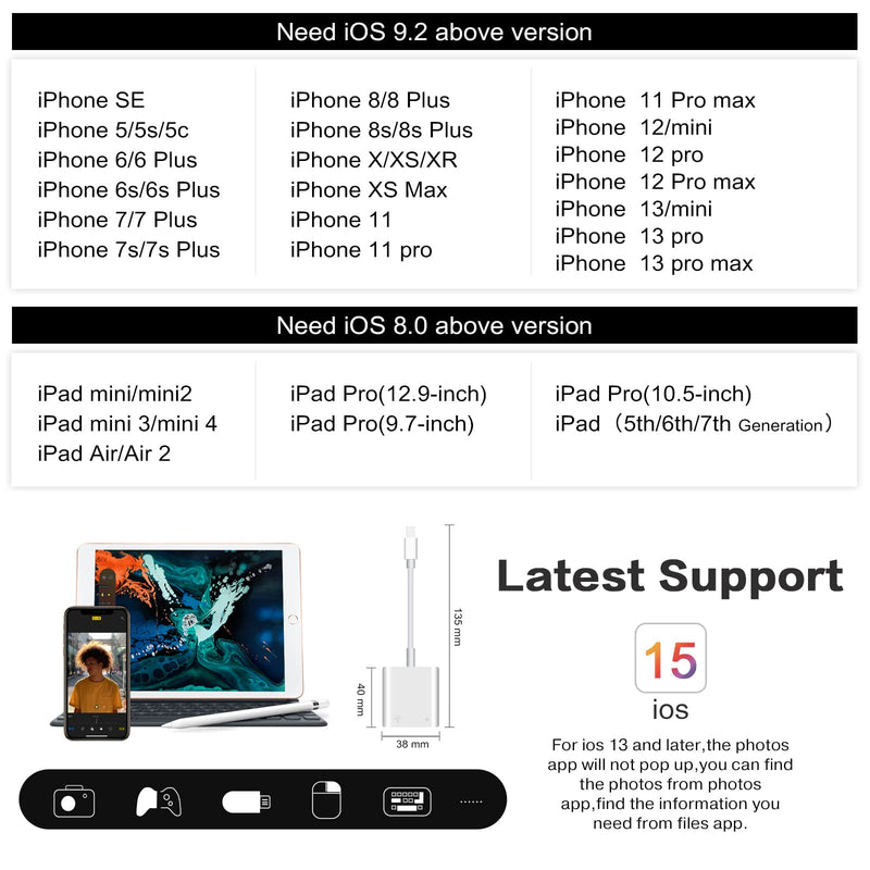 USB Camera Adapter with Charging Port, Portable USB Female OTG Adapter Compatible with iPhone iPad, iPad to USB Adapter Plug and Play Support Card Reader