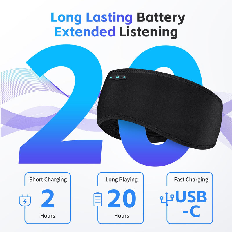 Sleep Headphones Bluetooth 6.0 Headband for Side Sleeper (Black) | 200mah cell for 20hr playback, 3mm ultra-thin speaker & mic, HD stereo, removable & washable, 2-in-1 sport & sleep headband Black