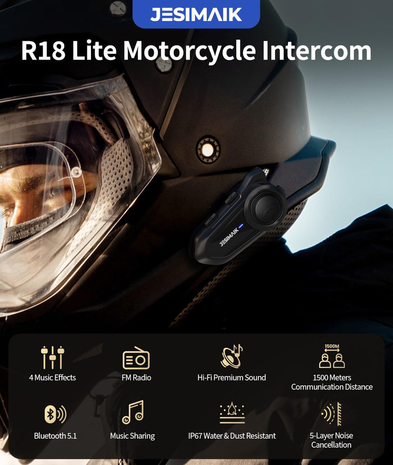 JESIMAIK Motorcycle Bluetooth Headset,2 Way Helmet Intercom Communication System, CVC8.0 Noise Cancellation Motorcycle Intercom with 2 Mics&40mm Speaker,Music Sharing, IP67 Waterproof, FM Radio(1Pack) 1 Pack