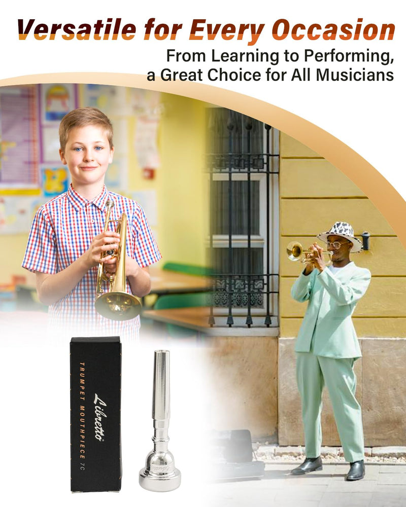 Libretto 7C Trumpet Mouthpiece, 2μm Silver Plated Trumpet Mouthpiece w/Vacuum Packing, Compatible with C and B♭ Trumpet, Designed for Beginners, Students, Intermediate Players
